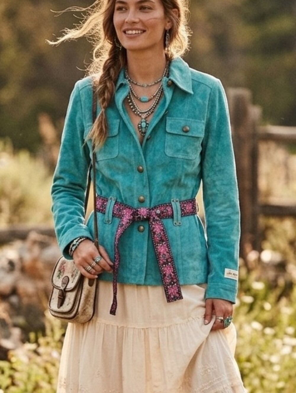 Ruff Hewn Suede Turquoise Utility Jacket with Patterned Belt Women's Size M - Picture 13 of 13